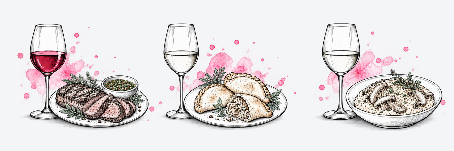 Ink illustration of Malbec with steak and chimichurri, Torrontés with chicken empanadas, and Chardonnay with mushroom risotto.