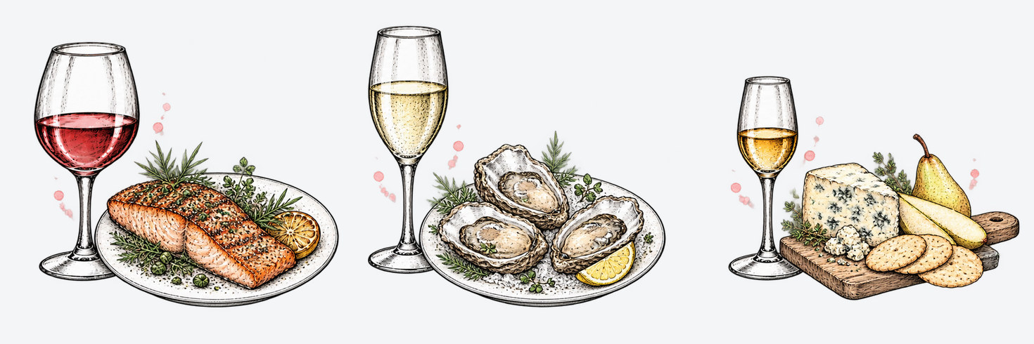 Ink illustration of Pinot Noir with salmon, sparkling wine with oysters, and Icewine with blue cheese and pear.
